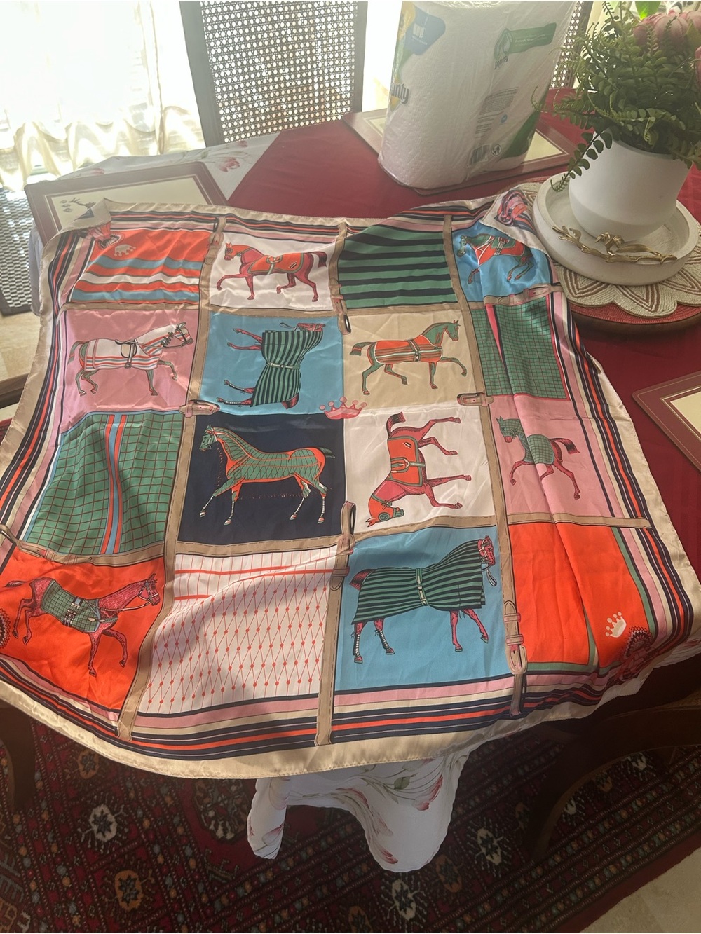 Silk-Feel Horse Print Like Silk Scarf - Multicolor